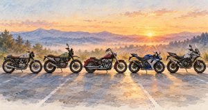 Řada různých motocyklů na prázdném parkovišti za východu slunce