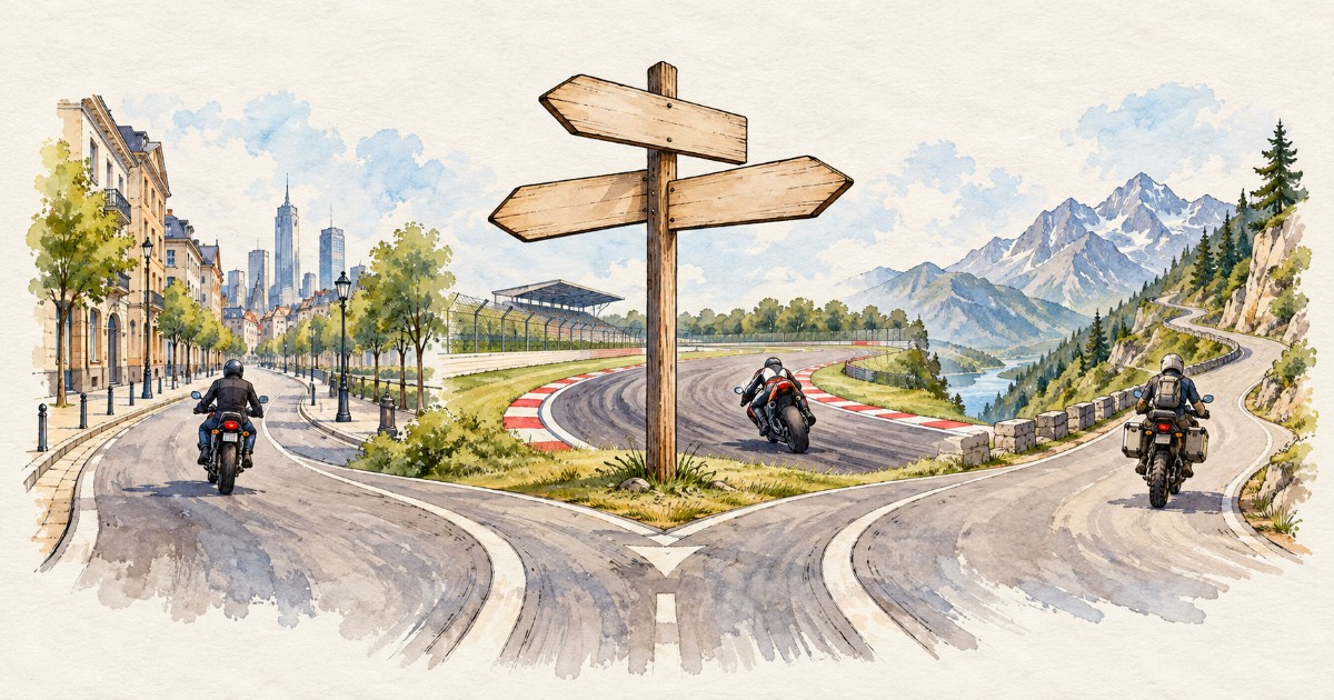 Rozcestník se třemi cestami: městská ulice, závodní okruh a horská silnice s motocykly
