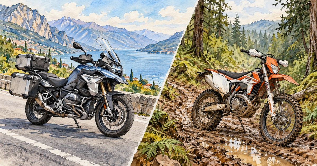 Cestovní motocykl s kufry u jezera a enduro motocykl na blátivé lesní cestě